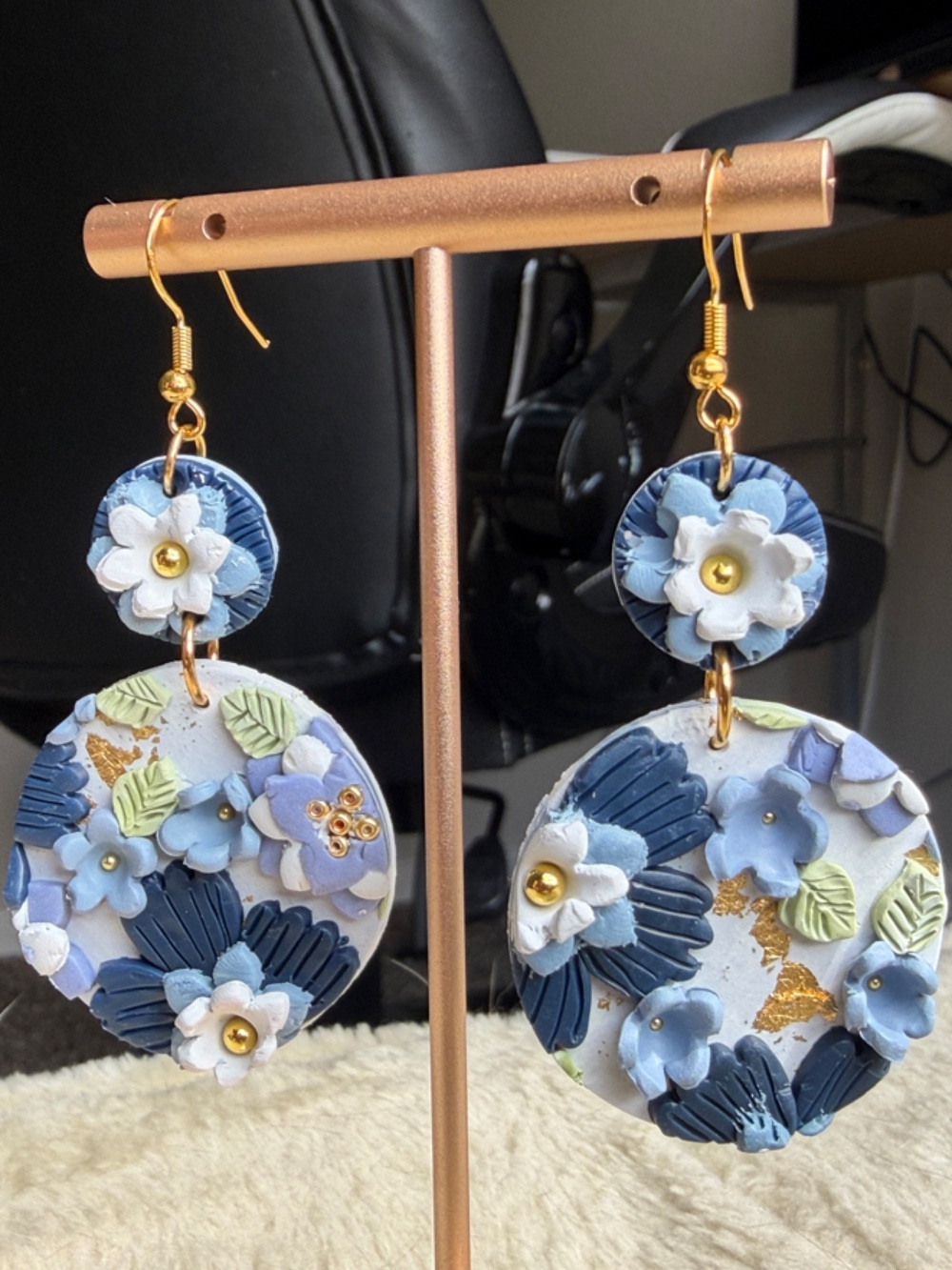 Blue Floral Drop Earrings with Gold Accents - Women Jewelry